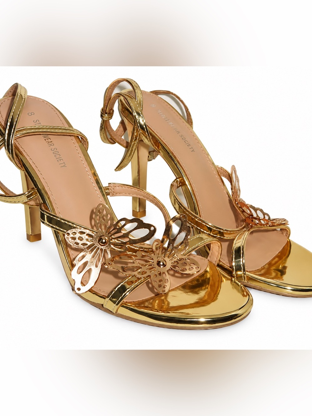 Gold Butterfly Heeled Sandals | Size 8